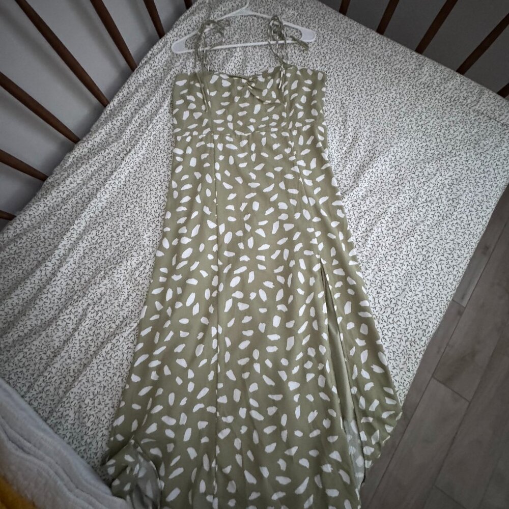 Party in Paris Sage Green Print Tie-Strap Midi Dress from Lulus